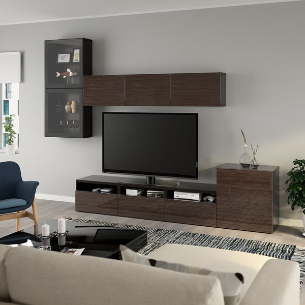 BESTÅ TV storage combination/glass doors, black-brown/Selsviken high-gloss/brown clear glass, 300x42x211 cm