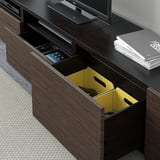 BESTÅ TV storage combination/glass doors, black-brown/Selsviken high-gloss/brown clear glass, 240x42x231 cm