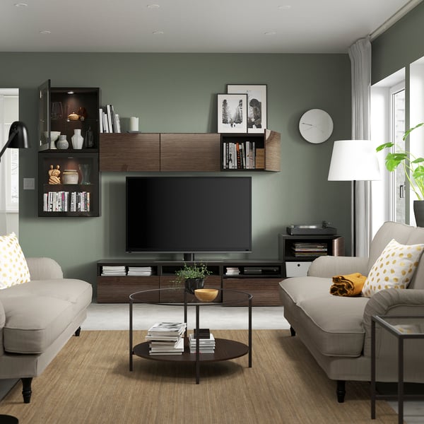 BESTÅ TV storage combination/glass doors, black-brown/Selsviken high-gloss/brown clear glass, 300x42x211 cm