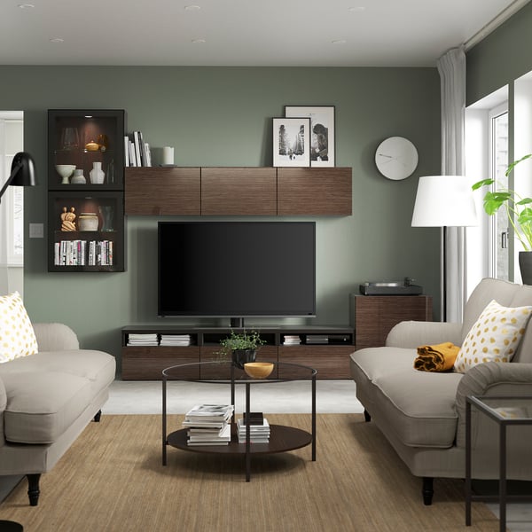 BESTÅ TV storage combination/glass doors, black-brown/Selsviken high-gloss/brown clear glass, 300x42x211 cm