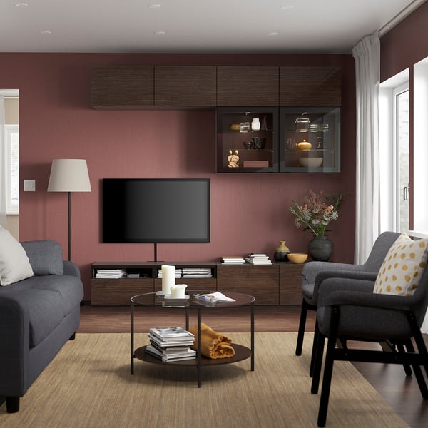 BESTÅ TV storage combination/glass doors, black-brown/Selsviken high-gloss/brown clear glass, 240x42x231 cm