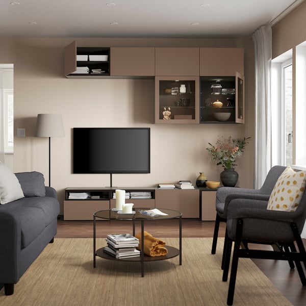 BESTÅ TV storage combination/glass doors, black-brown Sindvik/Lappviken light grey-brown, 240x42x231 cm