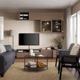 BESTÅ TV storage combination/glass doors, black-brown Sindvik/Lappviken light grey-brown, 240x42x231 cm
