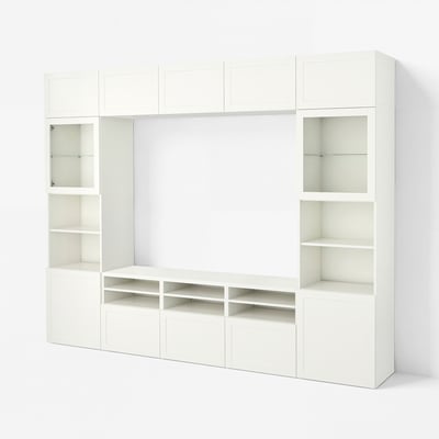 BESTÅ TV storage combination/glass doors, white/Hanviken white clear glass, 300x42x231 cm