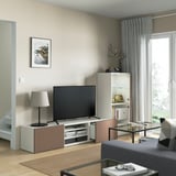 BESTÅ TV storage combination/glass doors, white Sindvik/Lappviken light grey-brown, 240x42x129 cm