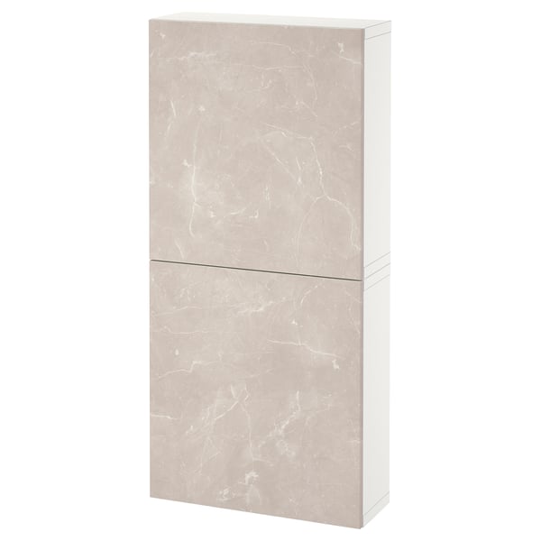 BESTÅ Wall cabinet with 2 doors, white Bergsviken/beige marble effect, 60x22x128 cm