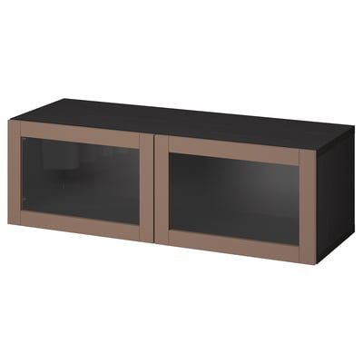 BESTÅ Wall-mounted cabinet combination, black-brown Sindvik/light grey-brown clear glass, 120x42x38 cm