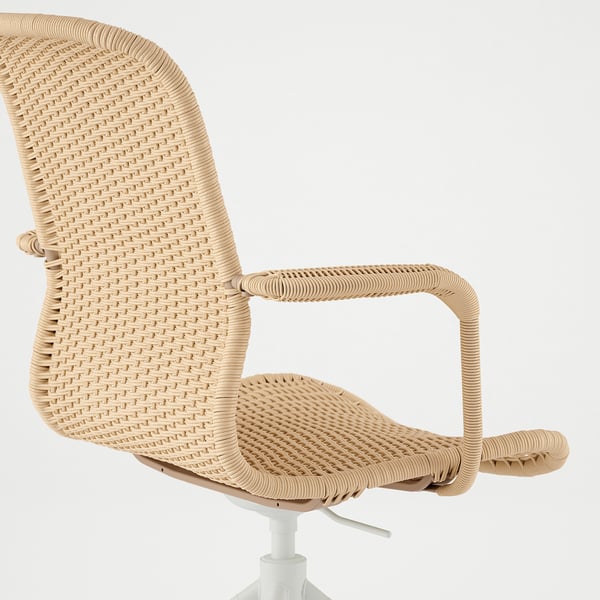 Wicker office chair with adjustable height, curved back and armrests, hand-woven for durability and comfort.
