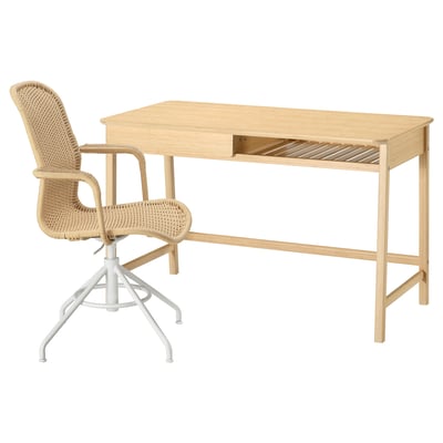 BETESHÄST desk: light wood, rectangular, simple design. Stigbygel chair: woven natural paper, adjustable, white base.