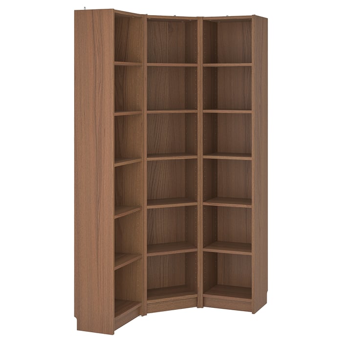 BILLY bookcase combination/crnr solution, brown ash veneer, 95