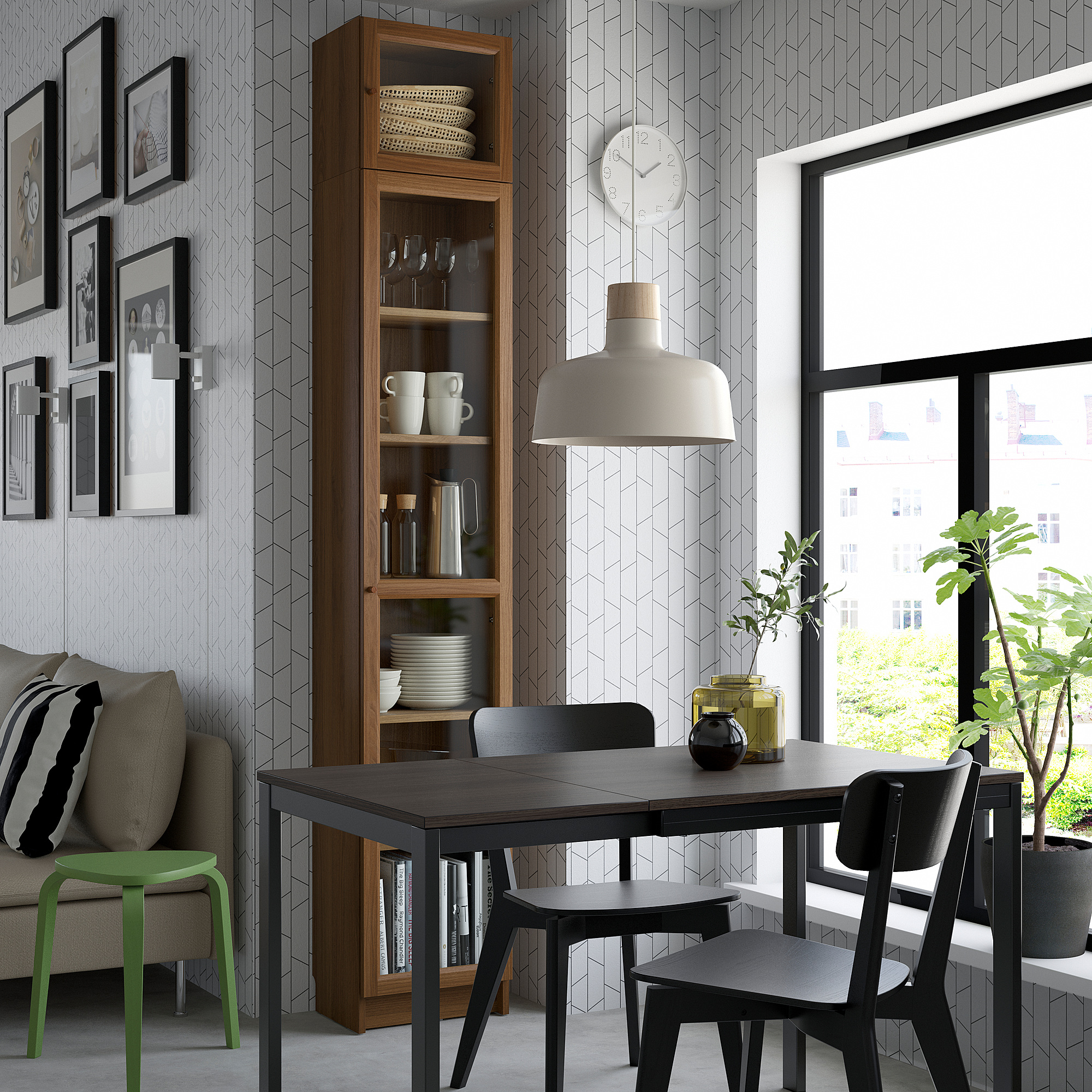 BILLY / OXBERG Bookcase w glass doors/ext unit, brown walnut effect, 40x30x237 cm