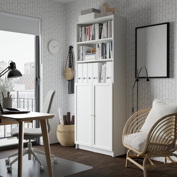 BILLY / OXBERG Bookcase with doors, white, 80x30x202 cm