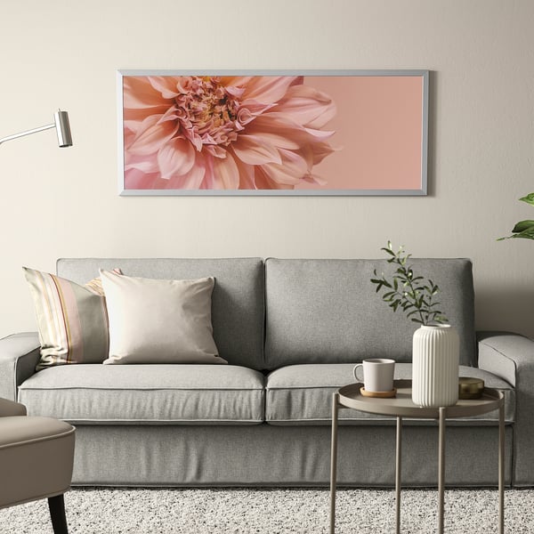 BJÖRKSTA Picture with frame, flowers-in pink/aluminium-colour, 140x56 cm