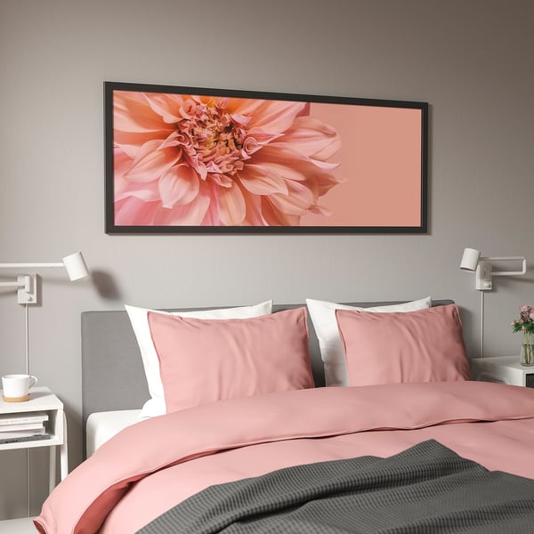 BJÖRKSTA Picture with frame, flowers-in pink/black, 140x56 cm