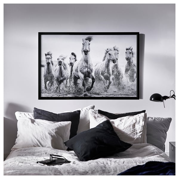 BJÖRKSTA Picture with frame, horses at the water's edge/black, 118x78 cm