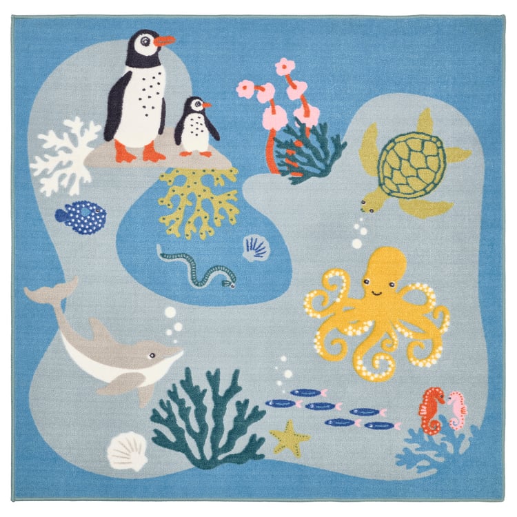 BLÅVINGAD rug, ocean animals pattern/multicolour, 133x133 cm IKEA