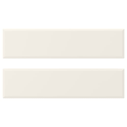 Displays two white rectangular BODBYN cabinet doors, featuring smooth, bevelled edges and a lacquered finish.