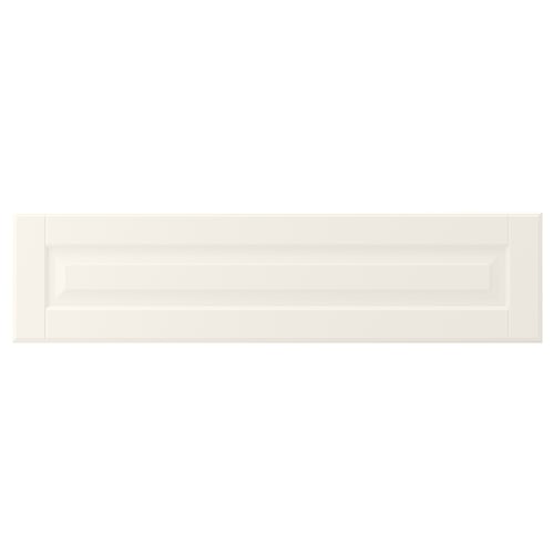 White rectangular kitchen cabinet with bevelled panels, smooth lacquered finish.