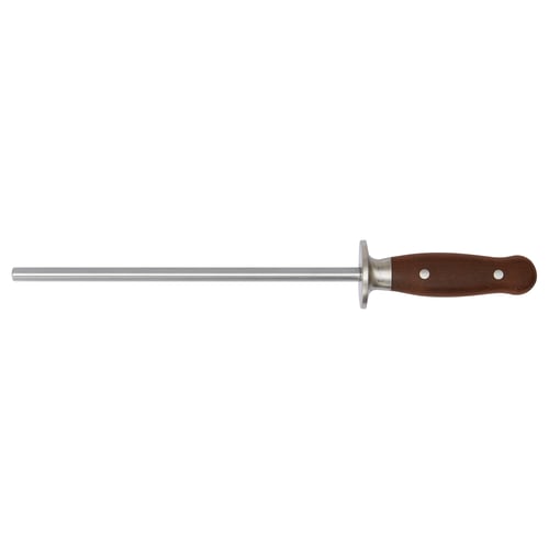 BRILJERA knife sharpener: long silver rod, round wooden handle, stainless steel accents, essential kitchen tool.