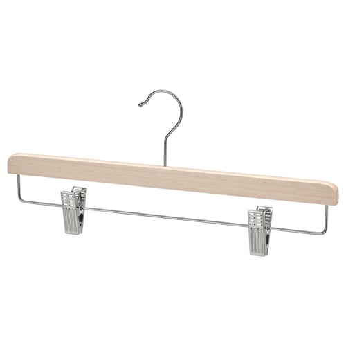 BUMERANG hanger, beige wood, chrome clips, skirt/trouser shape, adjustable, keeps clothes neat.