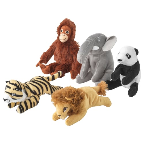 Five soft toys: monkey, elephant, panda, tiger, lion.