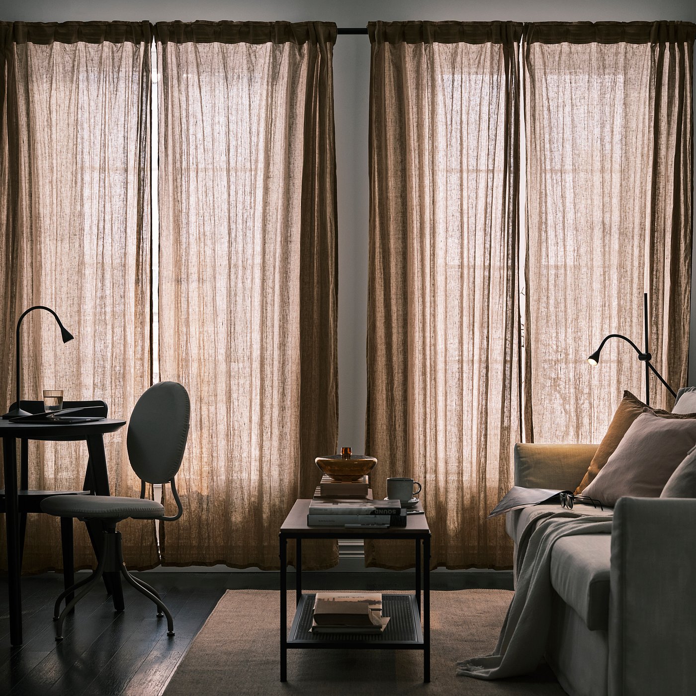 DYTÅG curtains, 1 pair, dark beige/with heading tape, 145x300 cm