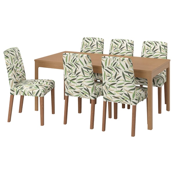 EKEDALEN / BERGMUND Table and 6 chairs, oak effect/Fågelfors multicolour, 180/240 cm