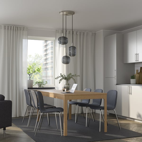 EKEDALEN / KARLPETTER Table and 6 chairs, oak/Gunnared medium grey chrome-plated, 180/240 cm