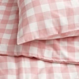 EKTANDVINGE Duvet cover and 2 pillowcases, light pink white/check, 240x220/50x80 cm