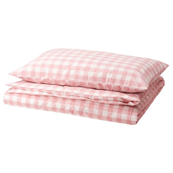 EKTANDVINGE Duvet cover and pillowcase, light pink white/check, 150x200/50x80 cm
