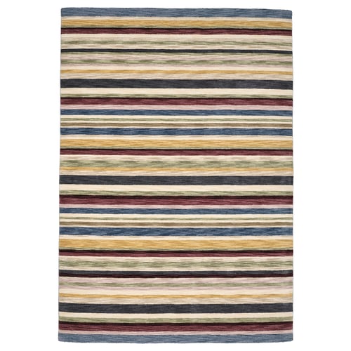 This image shows a handmade, rectangular wool rug with horizontal striped patterns in various colours, adding a touch of elegance to any room.