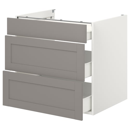 An ENHET cabinet with three grey drawers, a modern kitchen storage solution with a minimalist design and steel drawers.