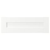 White ENKÖPING desk, rectangular, wooden framed, two shelves.