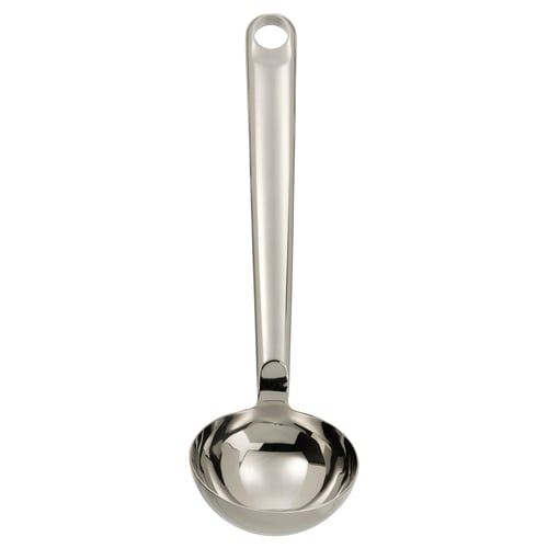 This image shows a silver FINMAT soup ladle with a long, curved handle and a deep bowl, designed for easy use and storage.
