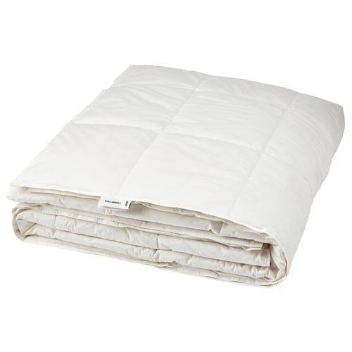 A folded white fjällräven FJÄLLARNIKA duvet blanket with nature-inspired design.