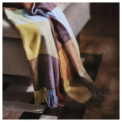 FLIKHAGTORN throw blanket, multicoloured checks, soft recycled polyester, fringed ends.