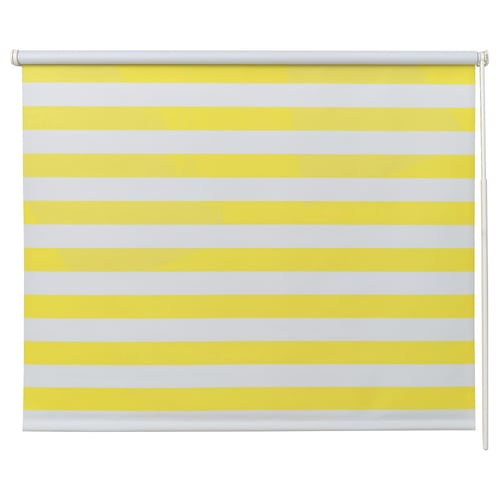 Yellow/white striped FRIDANS roller blind, made from recycled polyester, horizontal stripes.