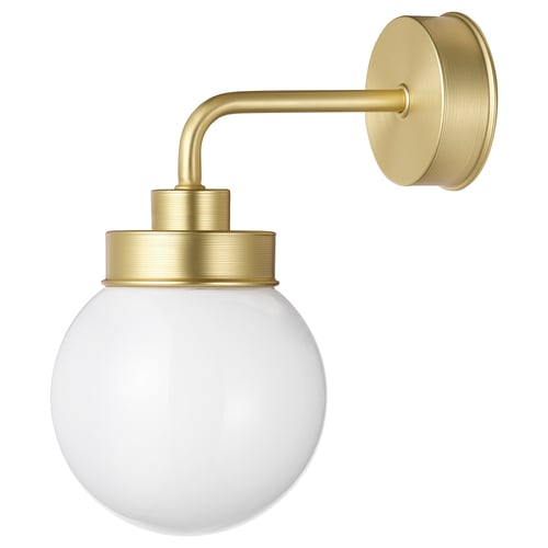 Modern gold wall lamp with white globe shade, classic design.