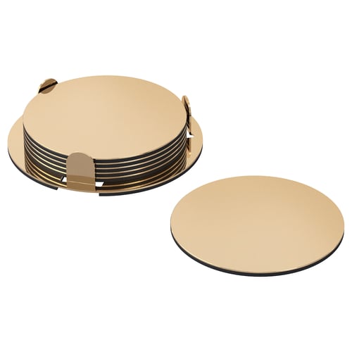 GLATTIS gold metallic coasters, round, six in holder, one separate, stainless steel and eva plastic.