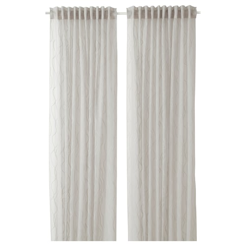 GLESGRÖE sheer curtains in grey, featuring a wave pattern, made from recycled polyester, hang straight.