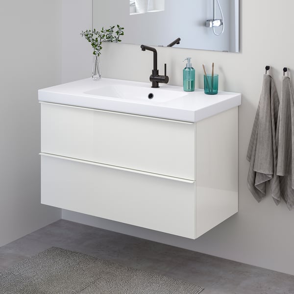 / ODENSVIK washstand with 2 drawers, highgloss white/LUNDSKÄR tap, 103x49x64 cm IKEA