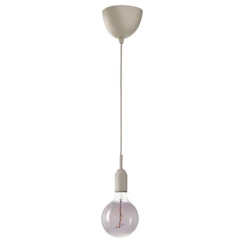 GRÅVACKA pendant light with beige cord, smoke glass bulb, spiral filament, warm light.