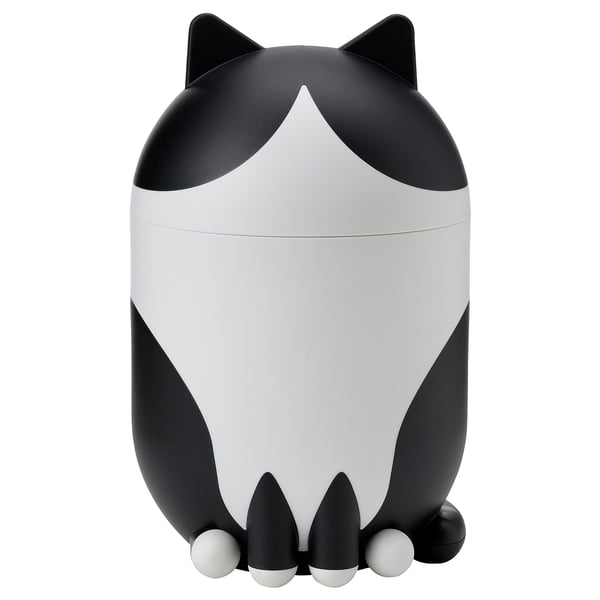 GREJSIMOJS Storage with lid, cat-shaped black/white
