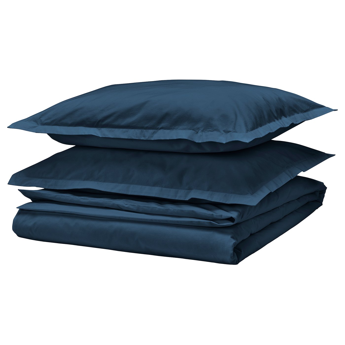 Dark blue bedding set, folded tight with crisp cotton percale and matte finish.