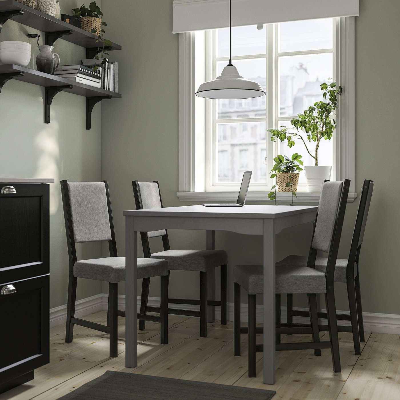 HAUGA / STEFAN table and 4 chairs, grey/brown-black Knisa grey