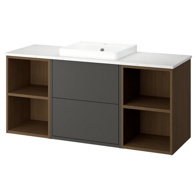 A modern HAVBÄCK bathroom vanity in dark grey and wood, featuring open shelves and a marble countertop with a built-in white ceramic basin.
