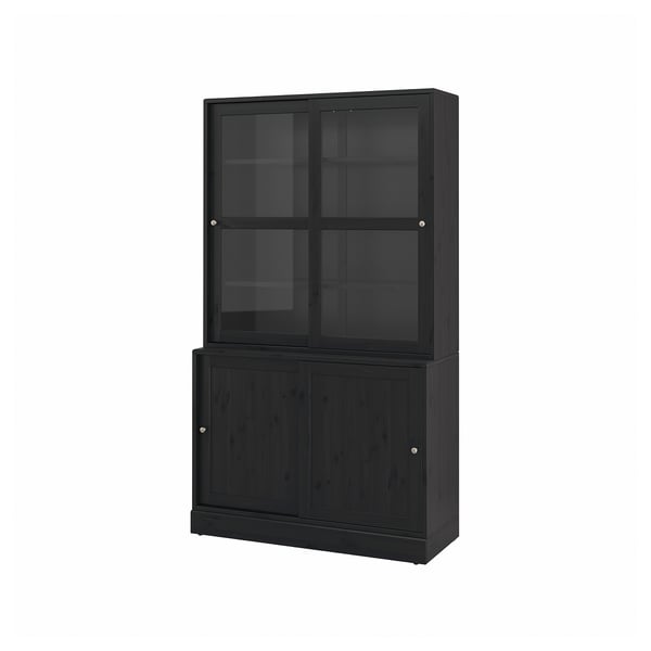 HAVSTA Storage comb w sliding glass doors, black, 121x47x212 cm