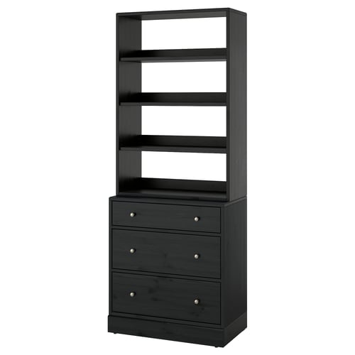 Black HAVSTA shelving unit with three drawers, scandinavian design, solid pine and fiberboard, soft-closing drawers.
