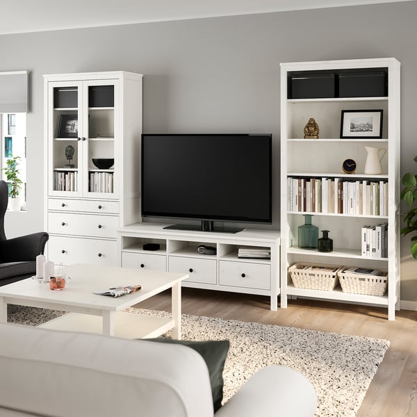 HEMNES TV storage combination, white stain/clear glass, 326x197 cm