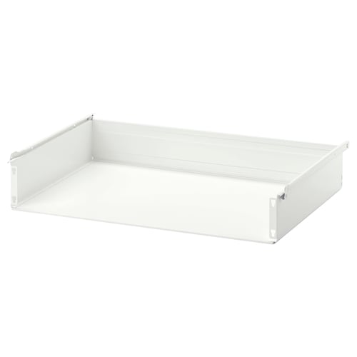 A white HJÄLPA shelf, rectangular in shape, made of steel with a powder-coated finish, designed for organising spaces efficiently.
